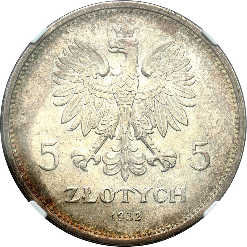 II RP. 5 złotych 1932 Nike NGC MS61 Najrzadsza moneta obiegowa II RP - PIĘKNA